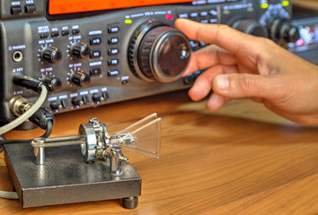 Modern high frequency radio amateur transceiver closeup