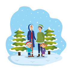parents couple with kids and winter clothes in snowscape