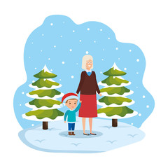 grandmother and grandson in snowscape