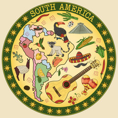 color_2_drawing on South America theme, animals, buildings, plants, holidays, continent map, food design elements, sticker circular ornament