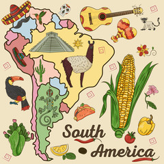 color drawing on the theme of South America, the continent depicts plants, animals living in South America