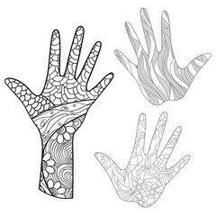 Arm. Hand drawn doodles with abstract patterns on isolation background. Design for spiritual relaxation for adults. Line art creation. Black and white illustration for coloring. Zentangle. Zen art