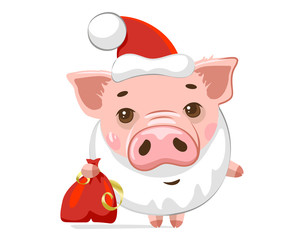 Pig with Santa Claus hat and beard. Symbol of New year Xmas holiday. Vector illustration on white background.