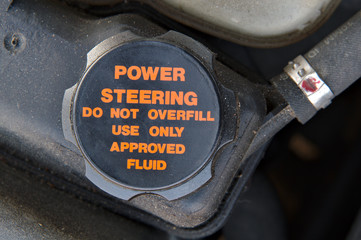 Cap of a power steering oil tank. Do not overfill and use approved fluid only.