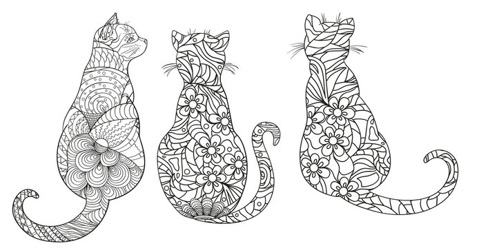 Cats. Zentangle. Hand drawn cat with abstract patterns on isolation background. Design for spiritual relaxation for adults. Outline for t-shirts. Print for polygraphy, posters and textiles