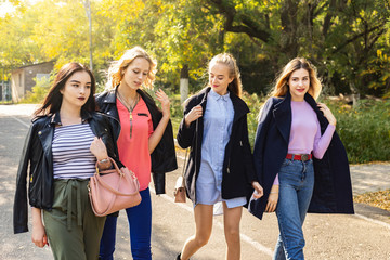 Summer autumn vacation, holidays, travel and people concept - group of young women in the park