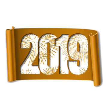 Happy new year card. White number 2019 gold firework. Scroll 3D isolated white background. Golden ribbon handscroll. Curved frame ribbon border Design decoration. Christmas banner. Vector illustration