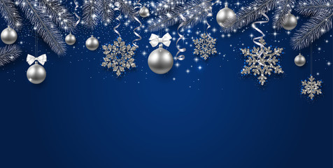 Blue shiny festive banner with fir branches, silver balls and snowflakes. - 235167708