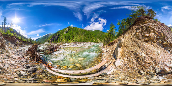 Fototapeta Spherical panorama 360 degrees 180 turbulent river and bridge fe