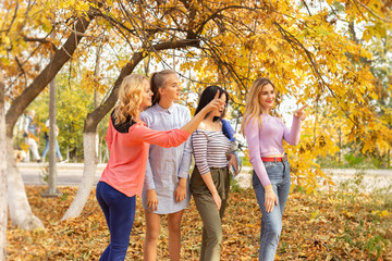 Fototapeta premium Summer autumn vacation, holidays, travel and people concept - group of young women in the park