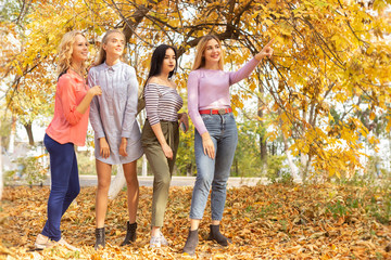 Fototapeta premium Summer autumn vacation, holidays, travel and people concept - group of young women in the park