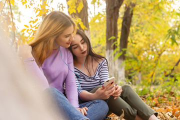 Summer autumn vacation, holidays, travel and people concept - group of young women in the park