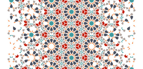 Tile repeating vector border. Geometric halftone pattern with colorful arabesque disintegration