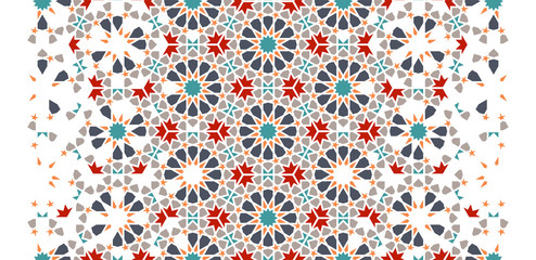 Tile repeating vector border. Geometric halftone pattern with colorful arabesque disintegration