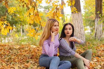 Summer autumn vacation, holidays, travel and people concept - group of young women in the park