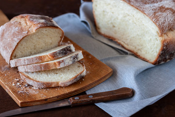 Freshly baked homemade bread is on the table