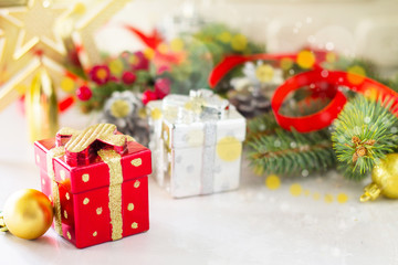 Christmas card with Christmas Spruce, Decor and Present. Copy space.