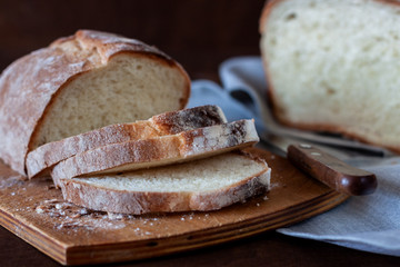 Freshly baked homemade bread is on the table