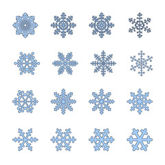 Snowflakes signs set. Blue Snowflake icons isolated on white background. Snow flake silhouettes. Symbol of snow, holiday, cold weather, frost. Winter design element. Vector illustration