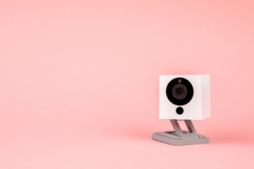 white webcam on pink background, object, Internet, technology concept