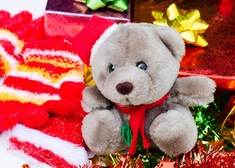 Close up of Teddy with christmas decoration backgrounds