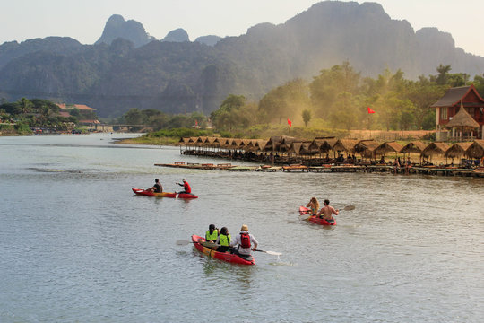 Vang Vieng, Laos - March 1, 2016: kayaking on the Mekong River in the picturesque village of Vang Vieng