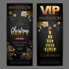 Christmas poster with golden champagne glasses. Invitation design. Pyramid of champagne glasses