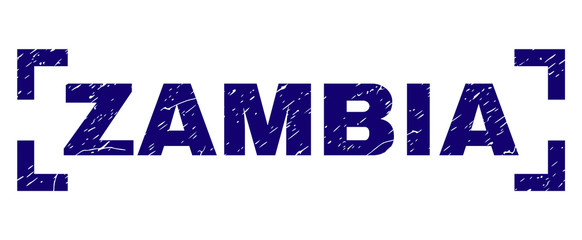 ZAMBIA text seal imprint with corroded style. Text label is placed between corners. Blue vector rubber print of ZAMBIA with corroded texture.