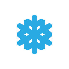Snowflake icon. Blue silhouette snow flake sign, isolated on white background. Flat design. Symbol of winter, frozen, Christmas, New Year holiday. Graphic element decoration. Vector illustration