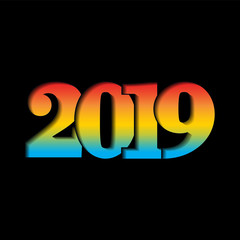 Happy new year card. 3D number 2019 with rainbow gradient texture, isolated black background. Bright graphic design holiday celebration, greeting text, Christmas banner decoration. Vector illustration