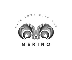 Merino sheep logo. Vector ram illustration. 100% natural wool product isolated symbol. Hand Drawn Lamb Silhouette with Retro Typography. Abstract Vector Sign, Symbol label Template. Isolated.