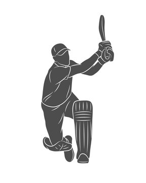 Silhouette batsman playing cricket on a white background