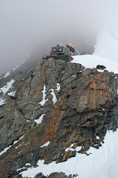The Hollandiahutte Refuge on the ridge in the Bernese Alps, in Switzerland.