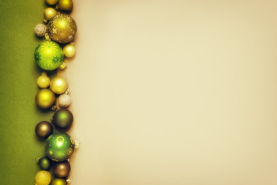 Christmas decoration golden green glass balls background