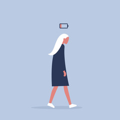 low battery conceptual illustration. young female exhausted character. Modern urban life / flat editable vector illustration