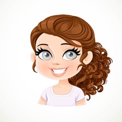 Beautiful  joyfully smiling cartoon brunette girl with dark chocolate hair portrait isolated on white background