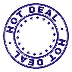 HOT DEAL stamp seal watermark with grunge texture. Designed with round shapes and stars. Blue vector rubber print of HOT DEAL label with grunge texture.