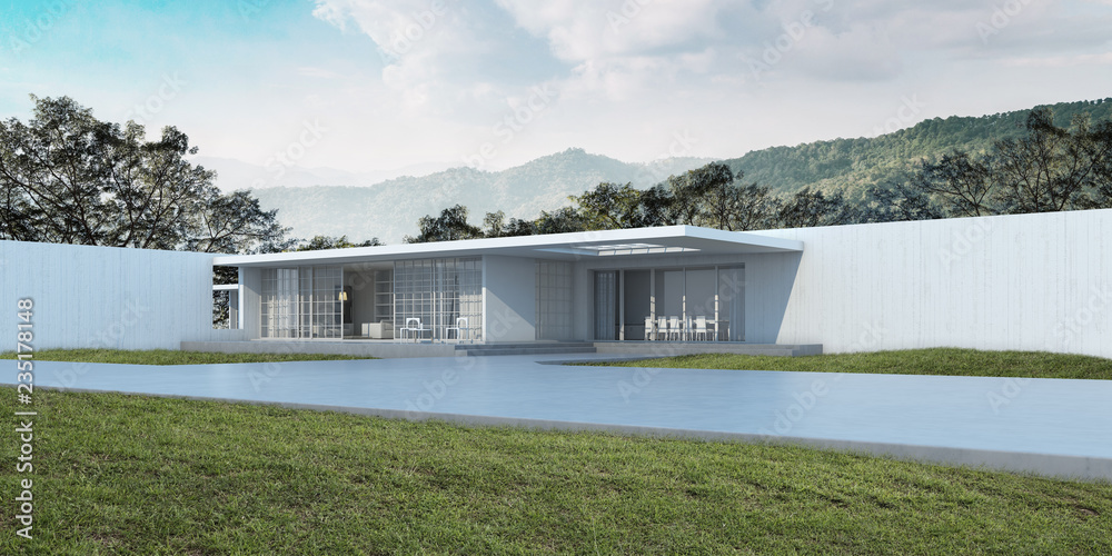 Poster Perspective of white modern building on  huge tree and mountain background,Idea of minimal architecture design. 3D rendering.