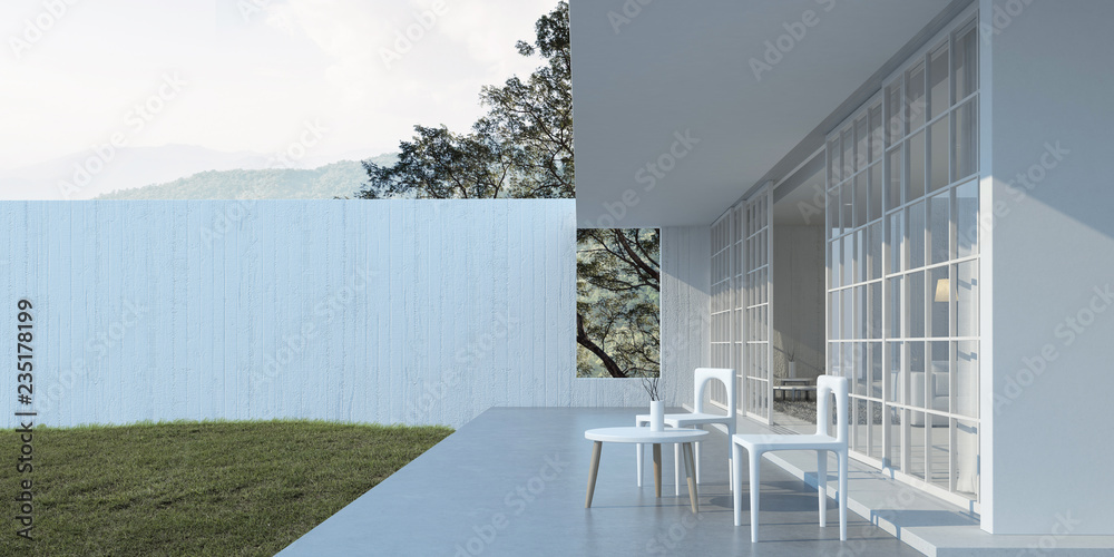 Poster Perspective of white modern building on  huge tree and mountain background,Idea of minimal architecture design. 3D rendering.