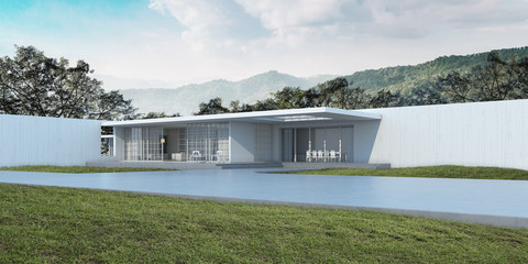 Perspective of white modern building on  huge tree and mountain background,Idea of minimal architecture design. 3D rendering.