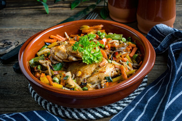 Fried chicken fillet with vegetables.