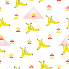 seamless pattern with banana fruits vector and pink triangles - white background