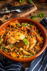 Fried chicken fillet with vegetables.