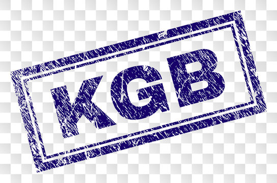 KGB stamp seal print with grunge style and double framed rectangle shape. Stamp is placed on a transparent background. Blue vector rubber print of KGB tag with grunge texture.