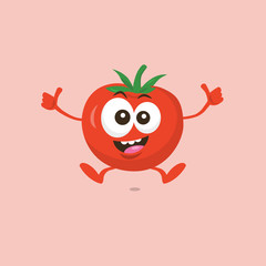 Illustration of cute happy tomato mascot recommends something with big smile isolated on light background. Flat design style for your mascot branding.