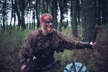 viking with red beard with weapons and armor