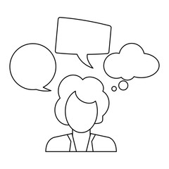 Businesswoman with speech bubbles in black and white