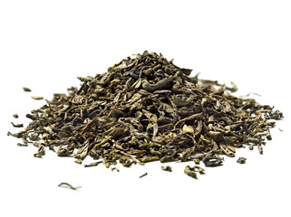 Heap of green tea on white background. Close up. High resolution.