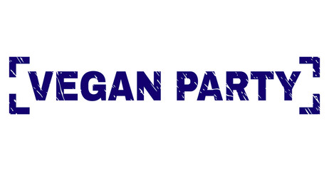 VEGAN PARTY text seal print with distress texture. Text caption is placed inside corners. Blue vector rubber print of VEGAN PARTY with dirty texture.