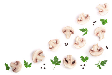 Fototapeta premium mushrooms with parsley and peppercorns isolated on white background with copy space for your text top view. Flat lay